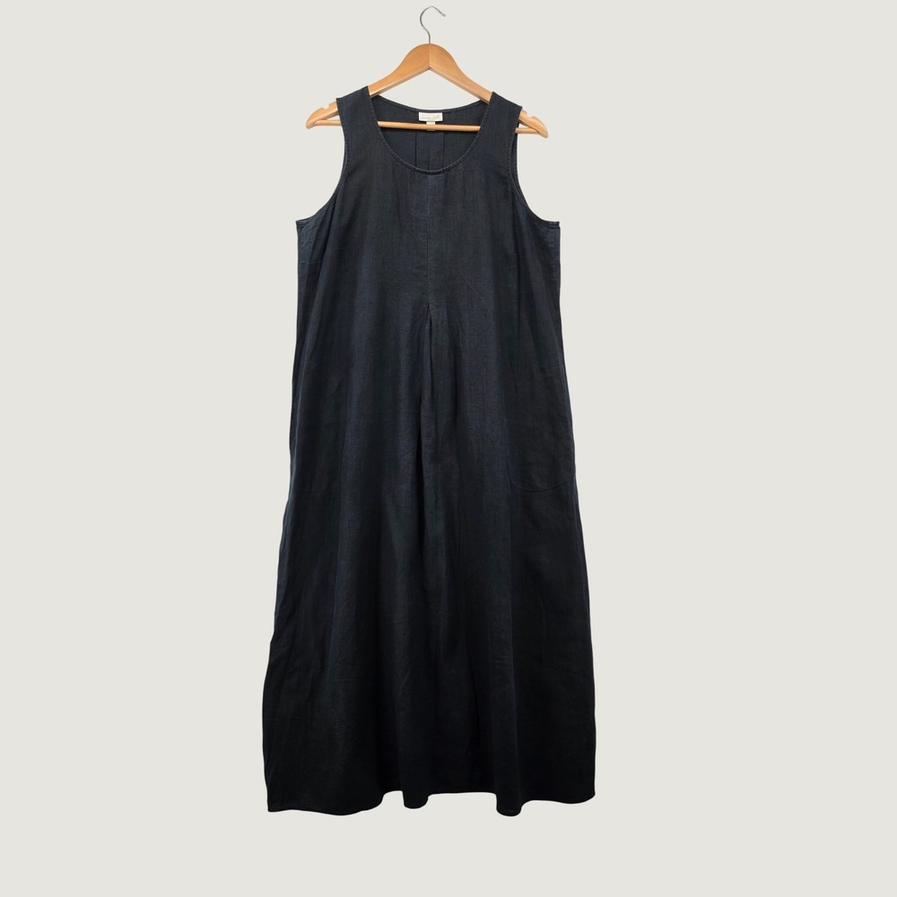 J. Jill Love Linen Maxi Dress Large Navy Blue Sleeveless Pockets Boho Lagenlook